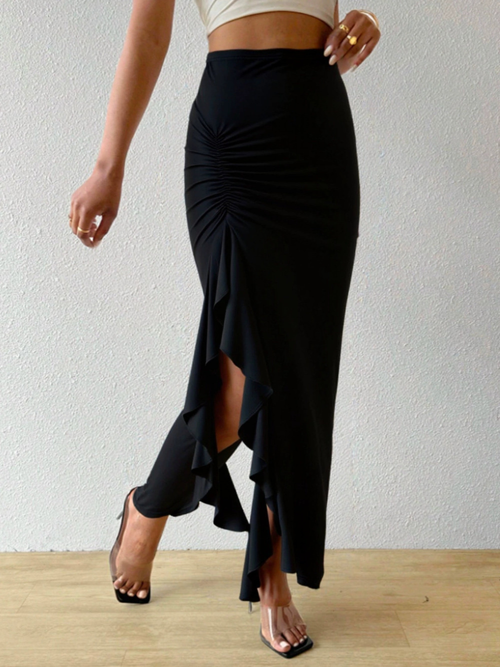 ZARA Irregular Ruffle Patchwork High Waist Slit Bodycon Skirt